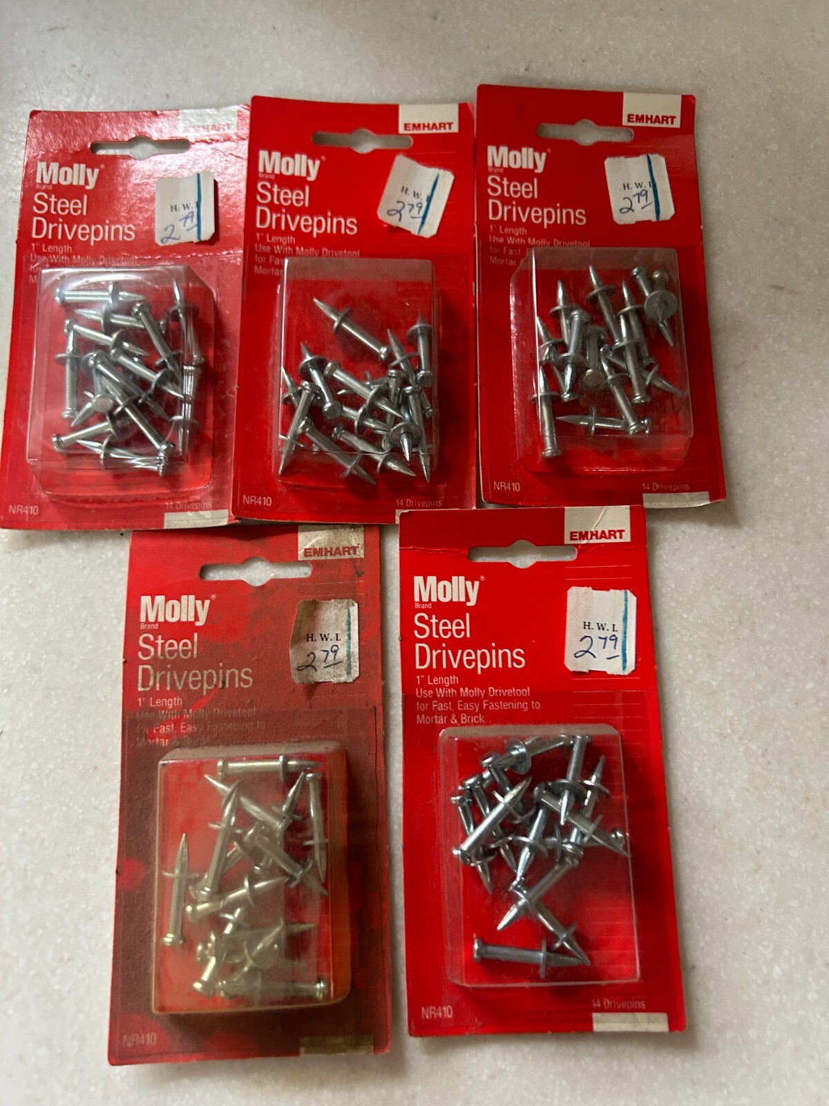 5-pack lot (70 total) Vintage Emhart Molly 1" Steel Drive pins NR410 Drivepins