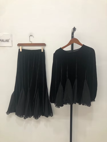 Evening Black Velvet Vtg Glamour Chic Ballgown Deco 1920's Midi Skirt Top 12 14 - Picture 7 of 8