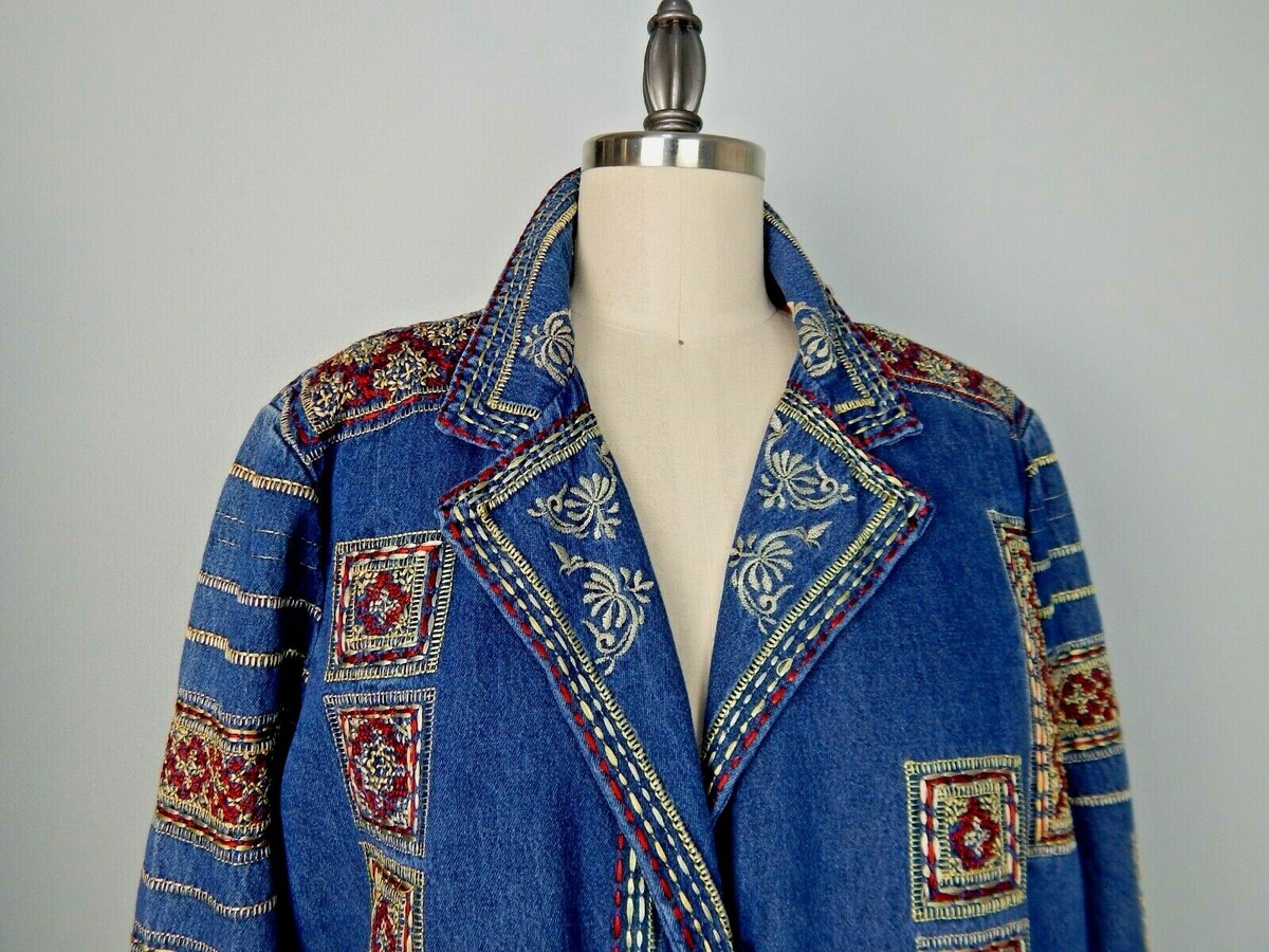 coldwater creek 柄 ジャケット Embroidered Knit Denim Jacket - Coldwater Creek