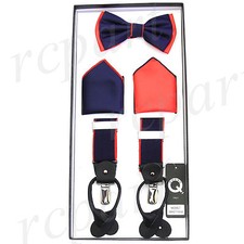 New in box Men's Convertible Elastic Strap Suspender Bowtie Hankie navy blue red