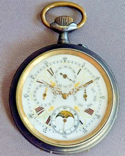 Große Taschenuhr aus Stahl brüniert um 1900 - Vollkalender/ Mondphase  RARITÄT