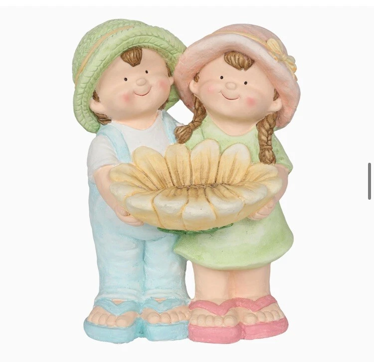 Niño y Niña Sosteniendo Girasol Baño de Pájaros, Divertida Estatua Infantil con Baño de Pájaros, 17" Foto 4 de 4