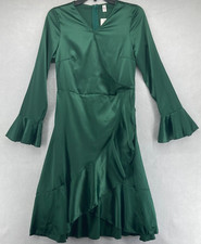 NWT Order Plus Co Women's Long Sleeve Dark Green Satin Dress Size Medium