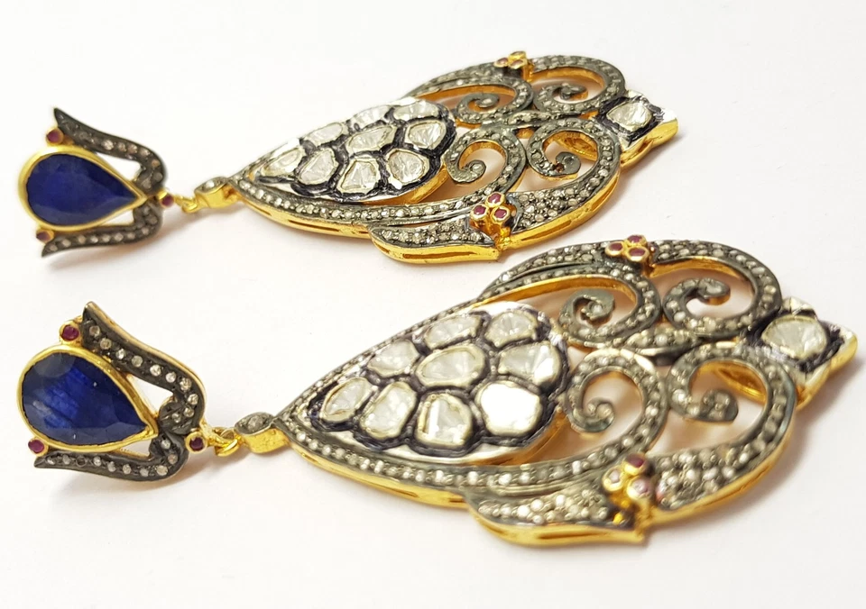 Orecchino In Argento Sterling 925 Con Zaffiro Blu Reale E Diamante Pave Polki - Immagine 2 di 4