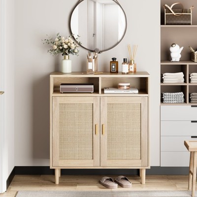 Sideboard Highboard Storage Cabinet With 2 Rattan Doors And Shelves Sideboard
