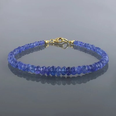 Natürlicher Tansanit Perlenarmband 925 Sterling Silber Handgemacht 7.8 Zoll
