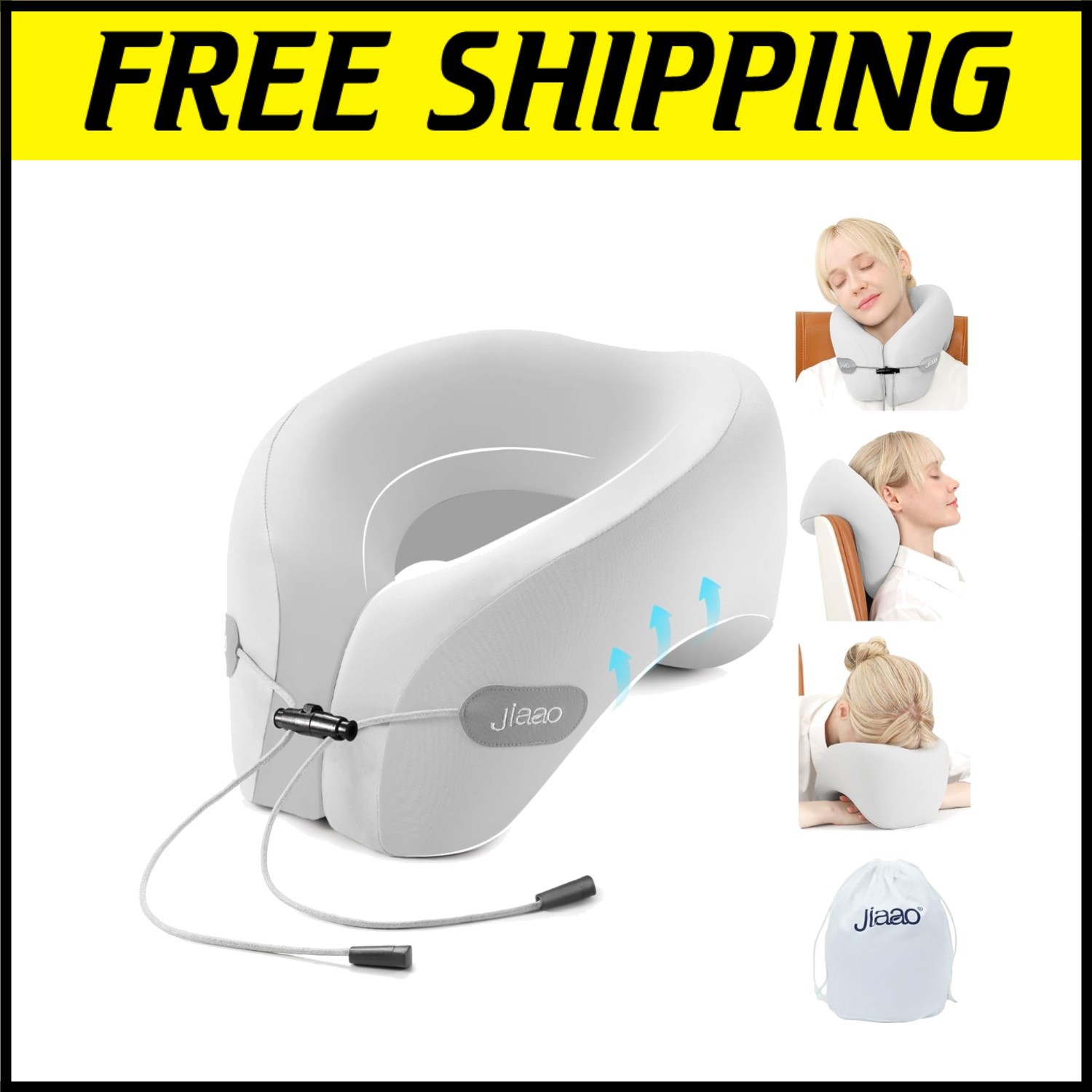 Memory Foam Travel Pillow with Washable Cover - Grey Airplane Essential-image