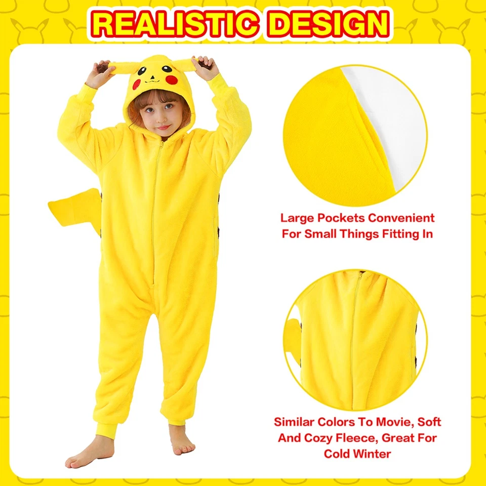 Pikachu Pajamas with Standing Tail for Halloween, Cosplay Costume Jump Suit - Image 2 of 4