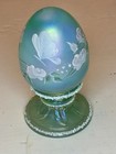 Fenton Hand Painted Iridescent Teal Satin Glass Egg Paperweight Signed — photo 3