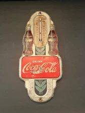 VINTAGE COKE DRINK COCA COLA THERMOMETER 1941 ART DECO DOUBLE BOTTLE WORKS