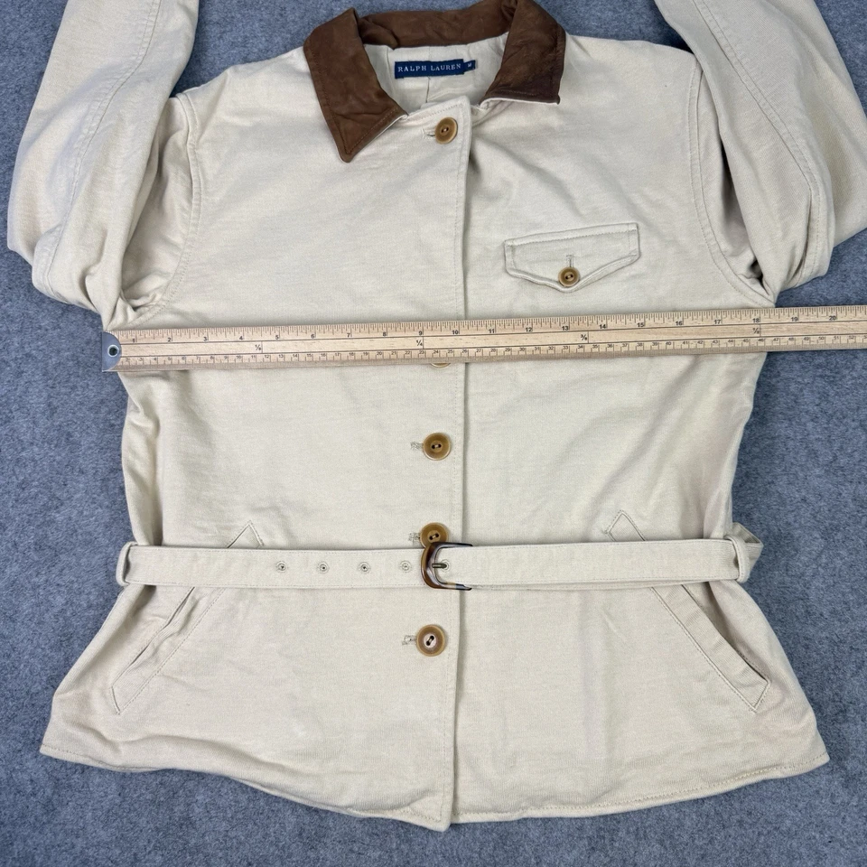 Chaqueta Ralph Lauren Mujer Mediana Beige Cuero Cuello Cinturón Abotonada Recortada Foto 4 de 4