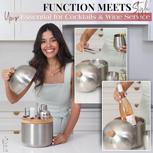 Insulated Ice Bucket W/ Wooden Lid & Tongs Parties Events Picnic Barbecue New - Picture 12 of 34