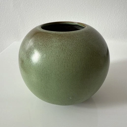 Frankoma 55 Prairie Green Black Footed Ball Vase Orb Sphere Round 5-1/2 inch Dia