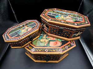 Vintage Indian Mughal Wooden Nesting Lock Box Set Octagon Hand Painted