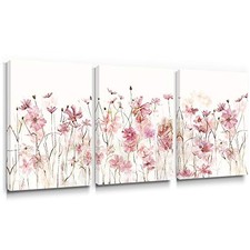 Pink Flower Wall Art Bedroom 3 Piece Romantic Floral Wildflower Pink Flowers