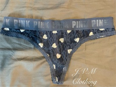 PINK Victoria s Secret Women s Lace Thong Panties, Heart Print, Blue/White, Siz 