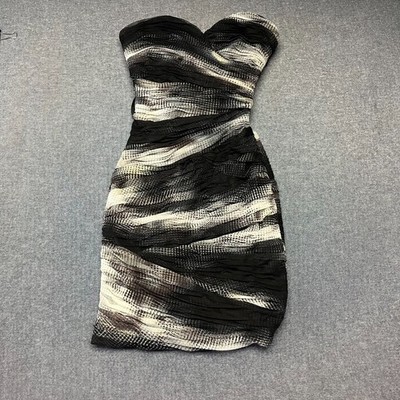 BCBGMAXAZRIA Women's Bodycon Dress Size 0 Black White Textured Straps Ruched