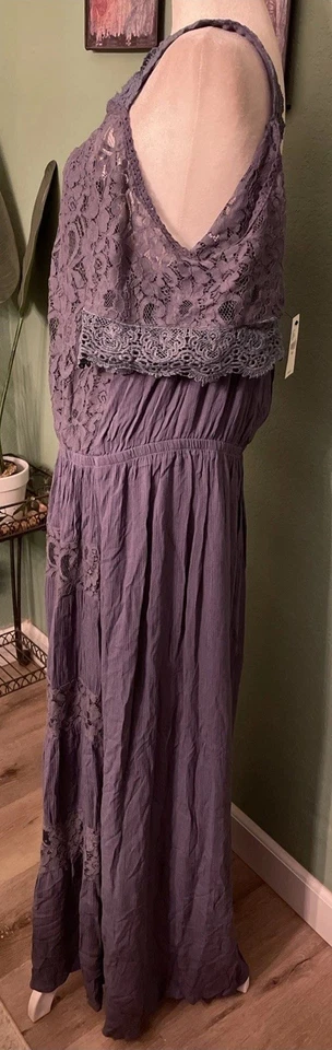 Vestido maxi camponês Lane Bryant ombro frio renda floral saia em camadas cinza 18/20 - Imagem 3 de 4