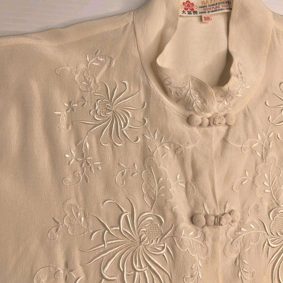 Vintage Chinese Blouse 100% Pure Silk Mandarin Collar White Sheer Embroidered  - image 2 of 4
