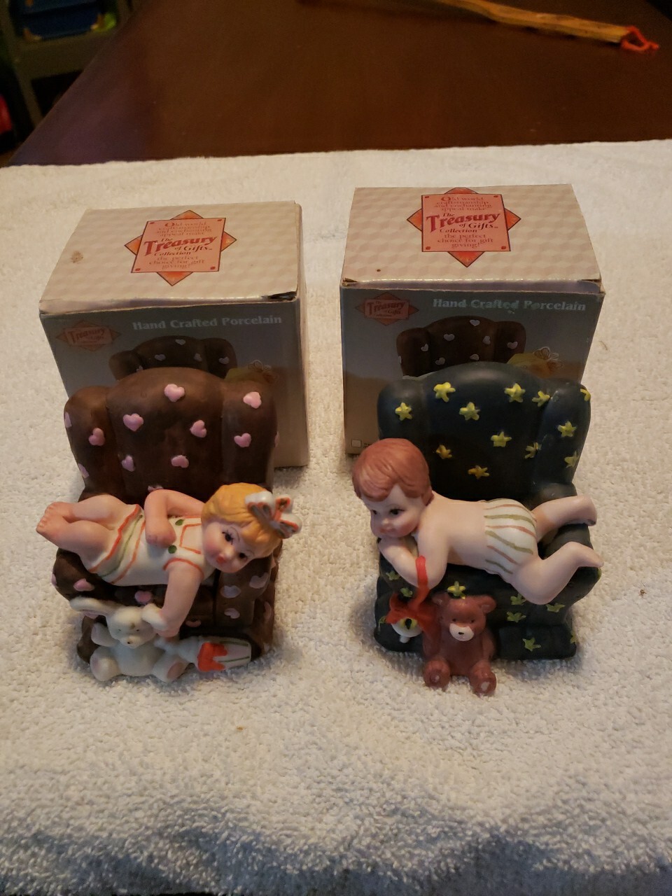 Porcelain Boy and Girl Kids in Chair with Toy Figurine Set