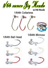 1/64 oz Jig Heads w/#8 Sickle-3 hook colors-3 head styles-100ct for crappie