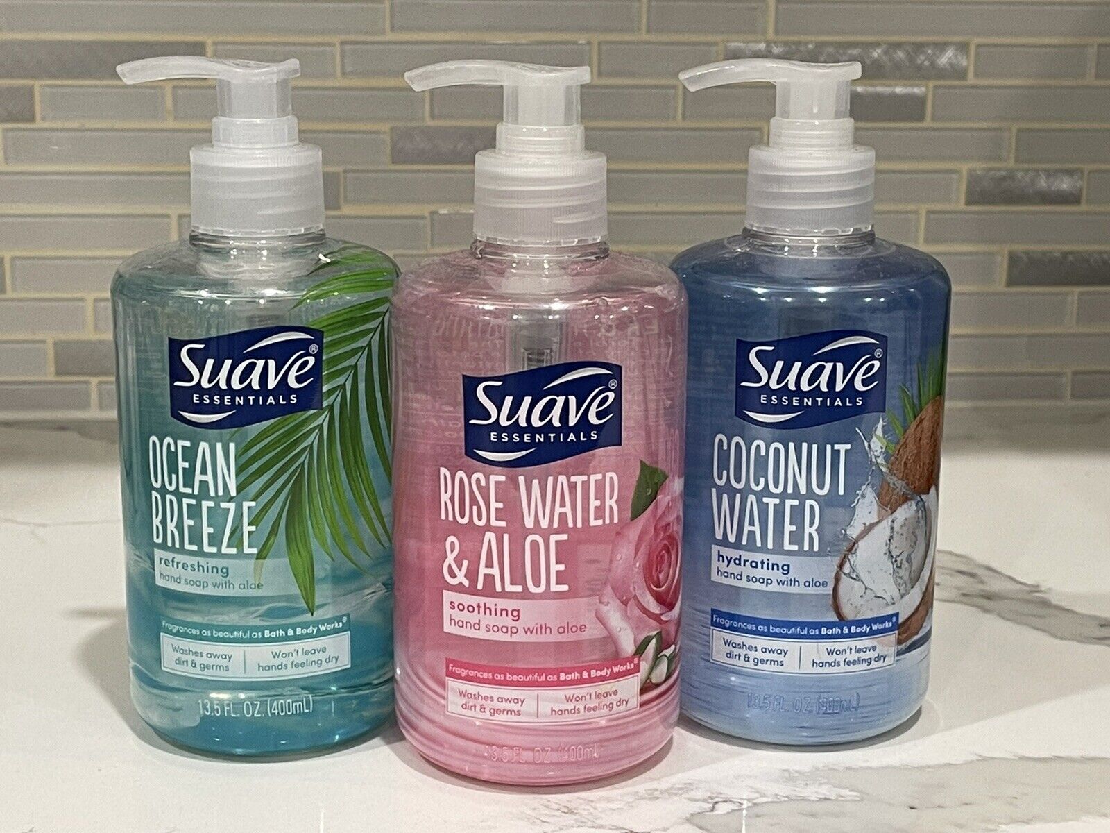 Suave Hand Soap - Lot of 3: Rose Water, Ocean Breeze, Coconut Water 13.5 fl. oz.