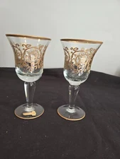 SET of 2 Interglass Italy Clear & Hand Painted 24K Gold Water/Wine Glasses