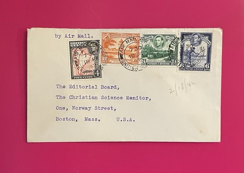 WWII 1942 British Guayana Cover To Christian Science Monitor, KGVI Stamps