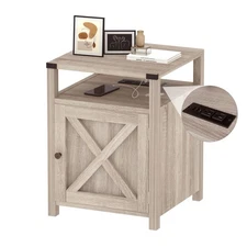 HOSEOKA Farmhouse Nightstand with Charging Station, Rustic End Table Bedroom