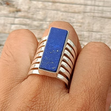 Handcrafted Rectangle Lapis Lazuli Ring: 925 Sterling Silver Ring All Size R345
