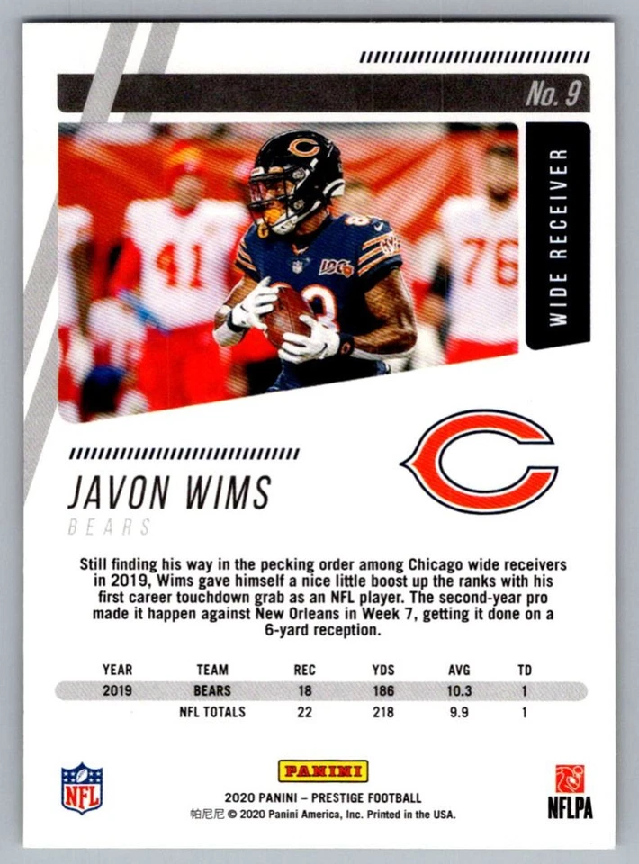 2020 Panini Prestige Javon Wims Chicago Bears #9 - Image 2 of 2
