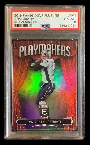 2019 panini donruss elite #PM1 tom brady; playmakers SSP holo insert PSA 8
