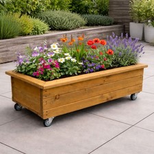 Heavy Duty Wooden Planter on Wheels Rolling Garden Trough Plant Boxes On Casters