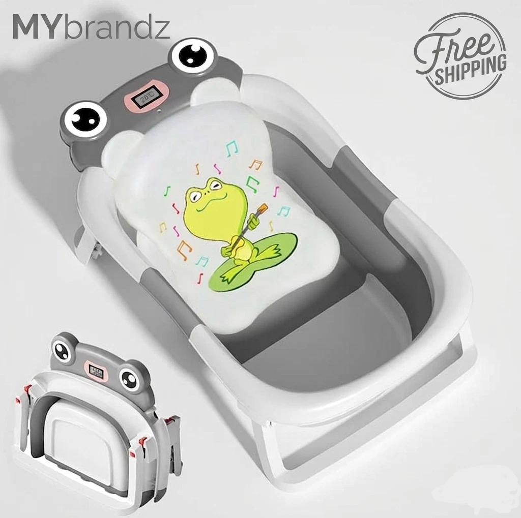 Collapsible Baby Bathtub Foldable Bath Tub w/ Cushion Thermometer (Gray)
