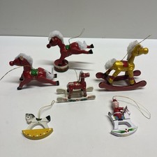 Vintage Wood Ornament Lot Of 6 Rocking Horses Horse Santa Taiwan