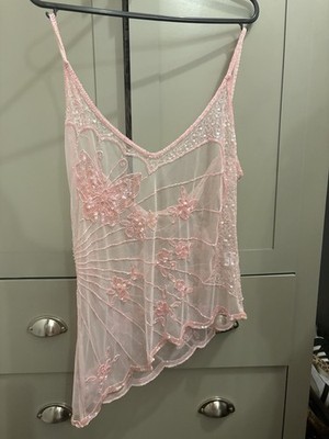Vintage Y2k 2000s Butterfly Pinterest Beaded Sheer Pink Fairy Cami Top