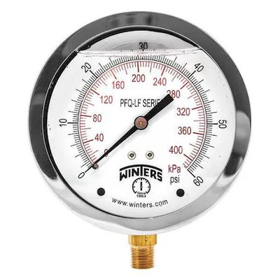 Winters Pfq710lf Lead-Free Pressure Gauge, 0 To 60 Psi, 4 In Dial, 1/4 In Npt,