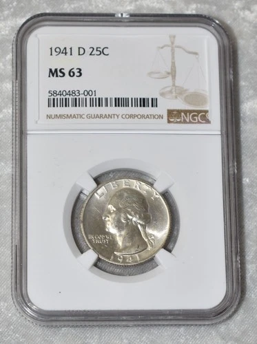 1941 D WASHINGTON QUARTER DOLLAR 90% SILVER NGC MS 63 MS63 DENVER MINT 25¢ COIN