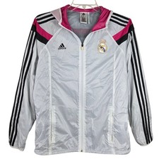 Adidas Real Madrid Anthem Soccer Nylon Jacket White Pink Glanz Sz L Hooded
