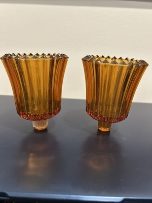 HOMCO (2) Amber Gold Ridges Glass Votive Cups Candleholders 3.5  Vintage