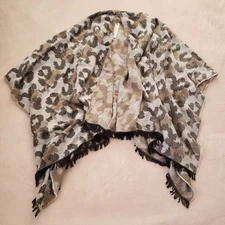Sole Society Gray Leopard Print Fringe Knit Sweater Shawl Poncho Womens One Size