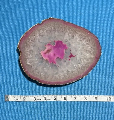 Pink Agate Slice with Gold-Tone Edge   Decorative Stone Tray / Display Piece