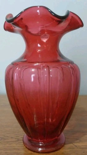 VTG Fenton Art Glass 9867 CC Cranberry Panel Vase 6  3/4" tall NWOB