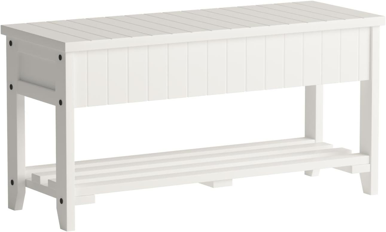 Roundhill Furniture Quality Solid Wood Shoe Bench with Storage, White
