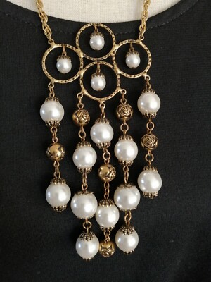 Vintage Runway Waterfall Necklace Engraved Flower Bud and faux