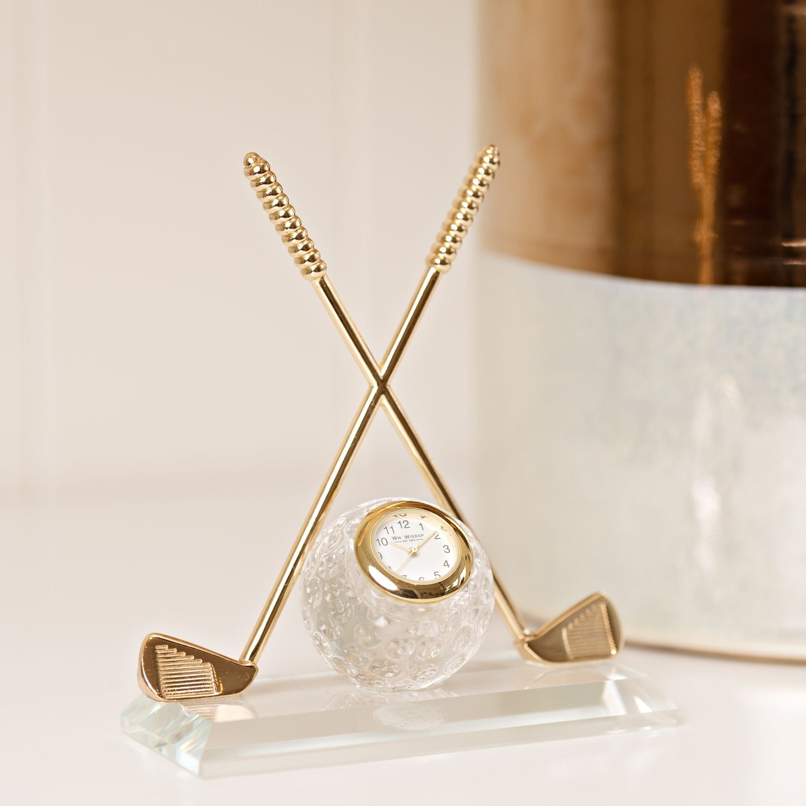William Widdop Miniature Clock, Crossed Golf Clubs with Glass Ball, Golfer Gift