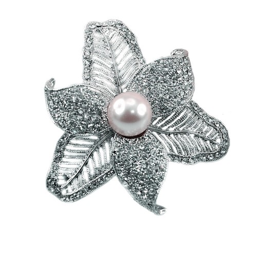 Large Pearl Brooch Pin with Russian CZ silver leaf flower Bridal Wedding Gift - Picture 7 of 9