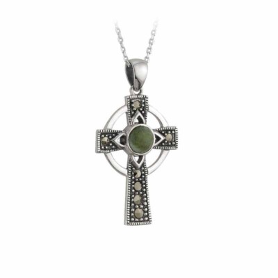 Solvar Keltenkreuz Halskette Damen Sterlingsilber Connemara Marmor 18'' Kette