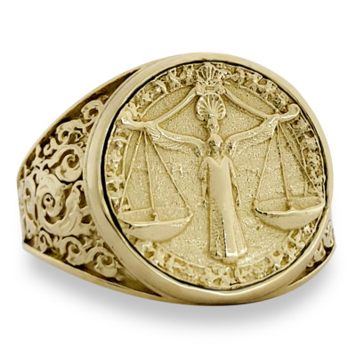 Real 10K Yellow Gold Libra Ring, Zodiac Sign Mens Gold Coin Ring Astrology