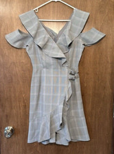 She + Sky shoulder gray plaid cutout ruffle dress size medium
